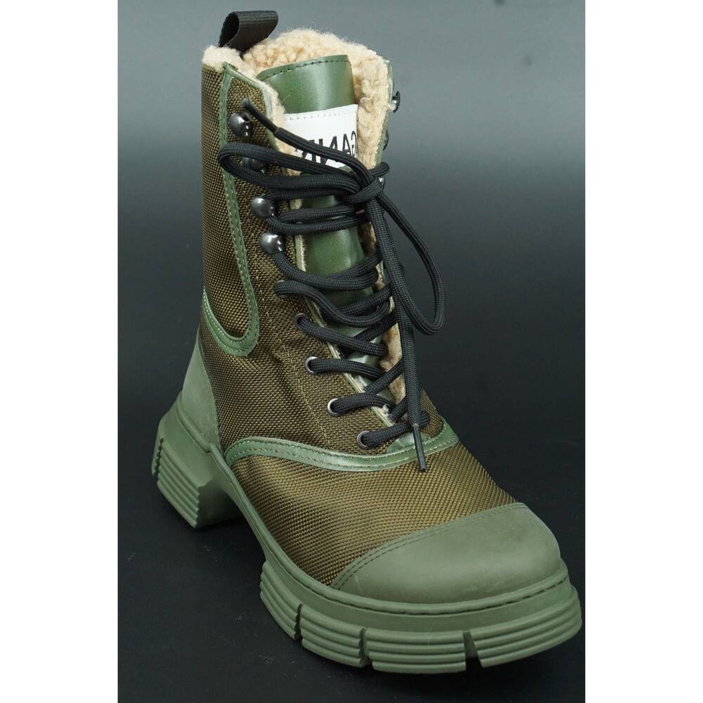 GANNI Shearling Hiking Ankle Combat Boots Size 36 New $375 Green Tubular Rubber